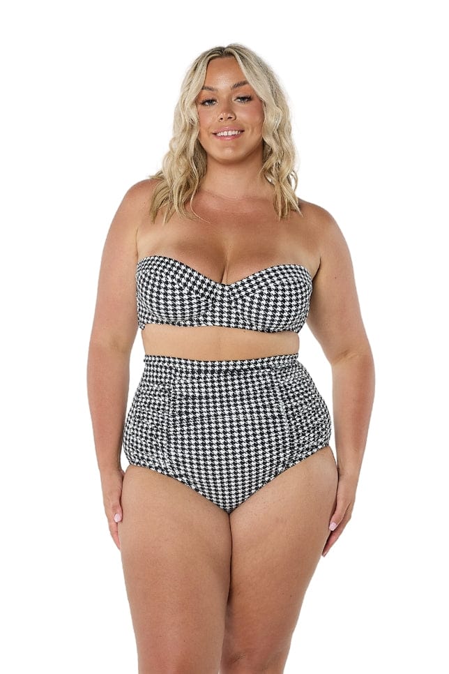 model wearing hounds tooth bikini top and matching bottom