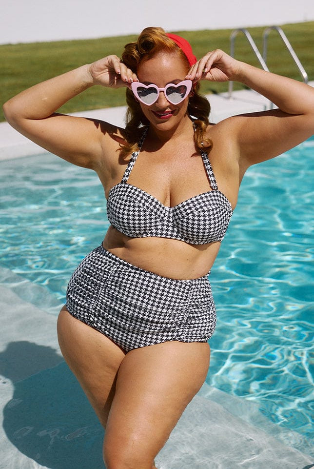 model wearing black and white hounds tooth bikini