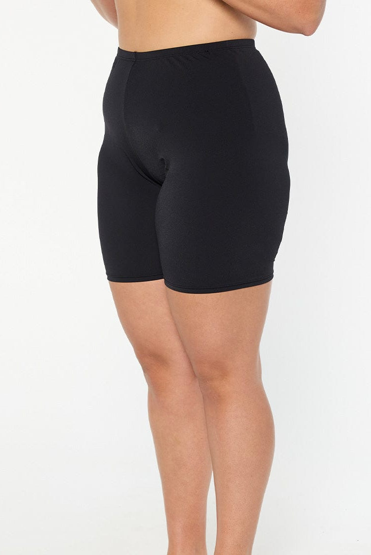 model wearing black swim bike pant