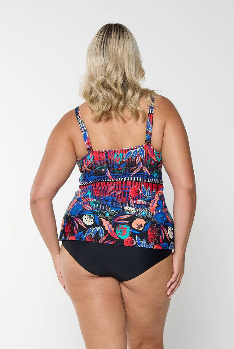 model showing back of bright colourful women's swim tankini top