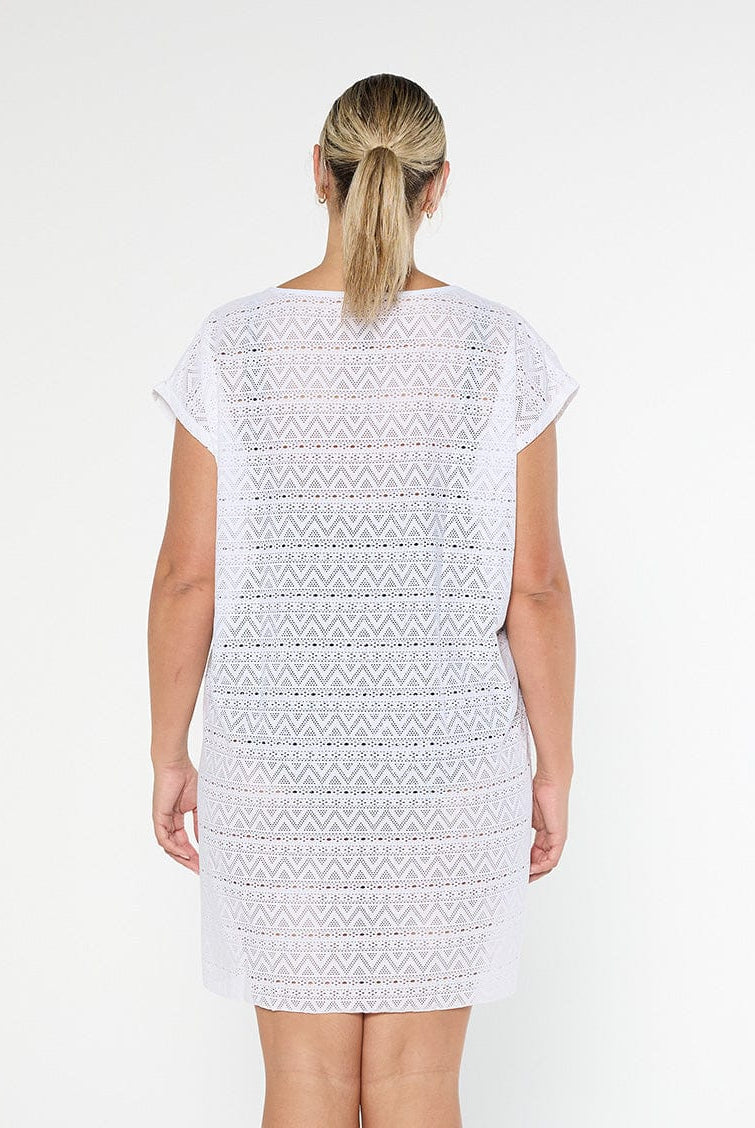 model showing back of white mesh beach dress