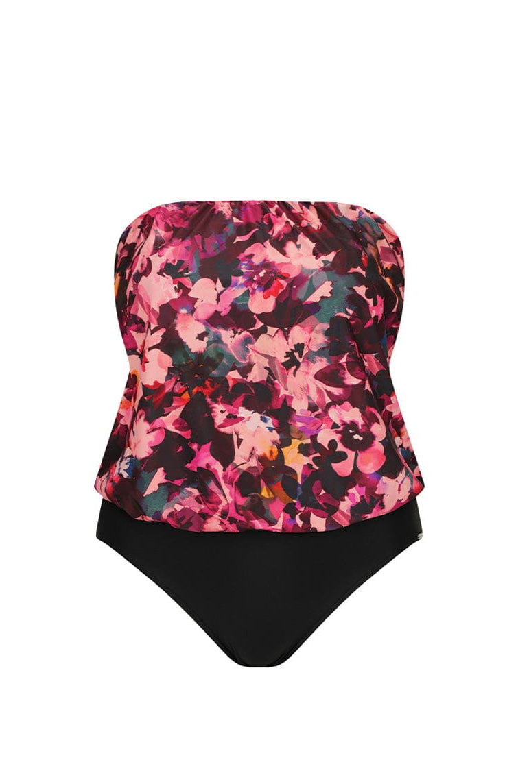 pink floral flouncy strapless swimsuit
