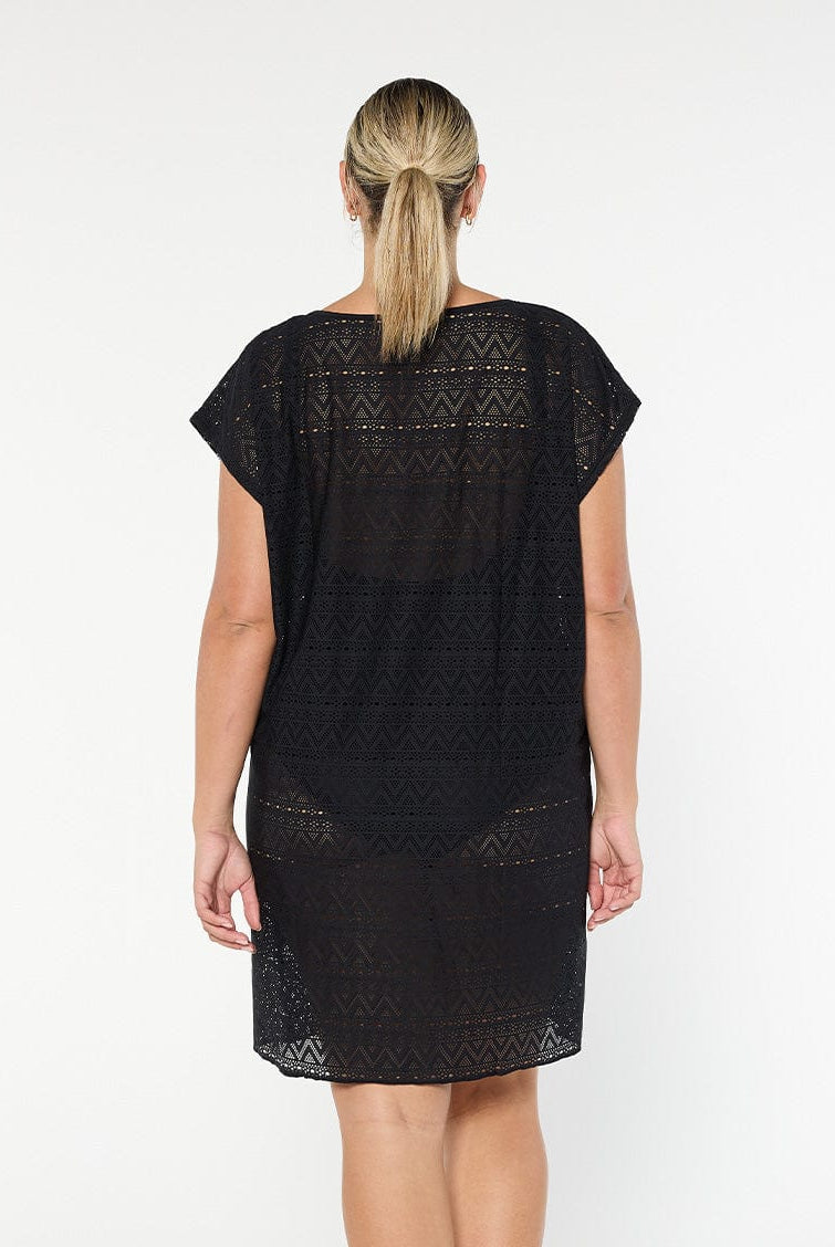 model showing back of black mesh beach cover up