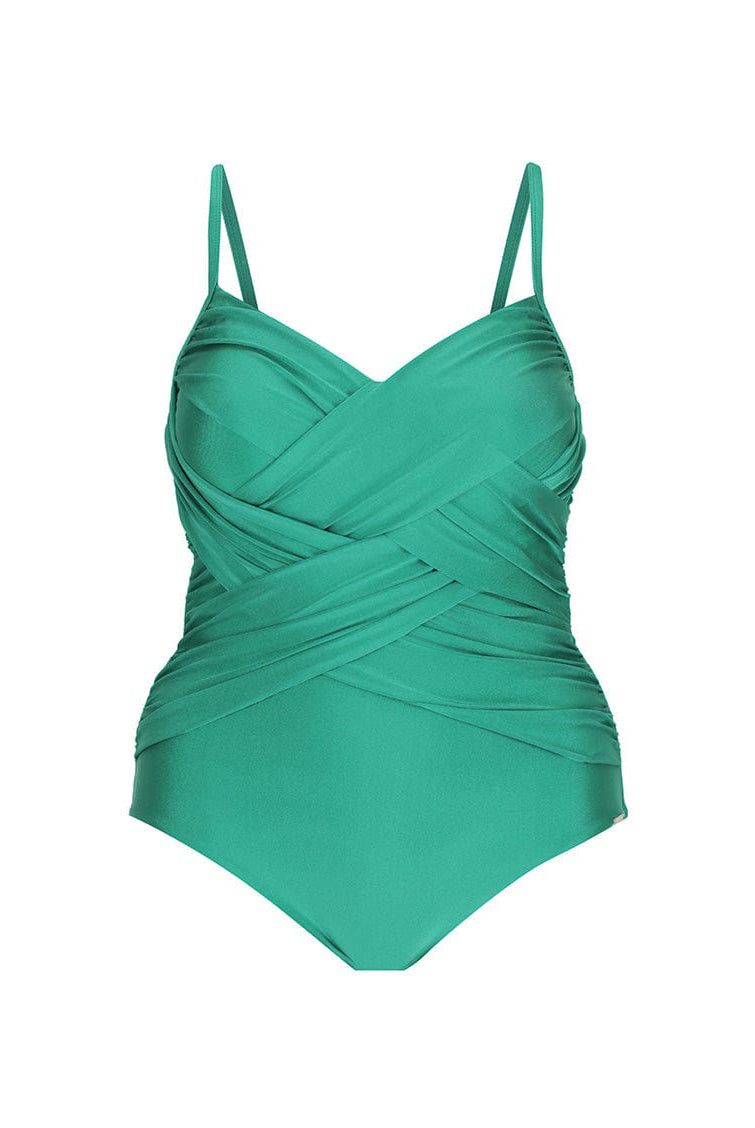 metallic green criss cross one piece