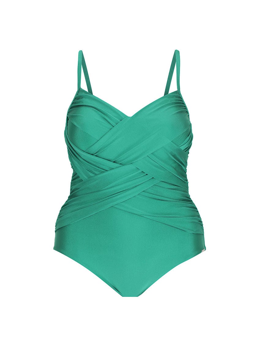 metallic green criss cross one piece