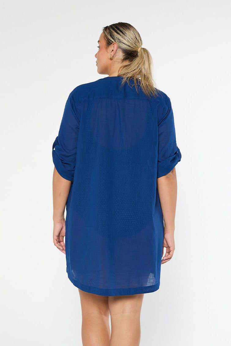 model showing back of navy beach cover up dress