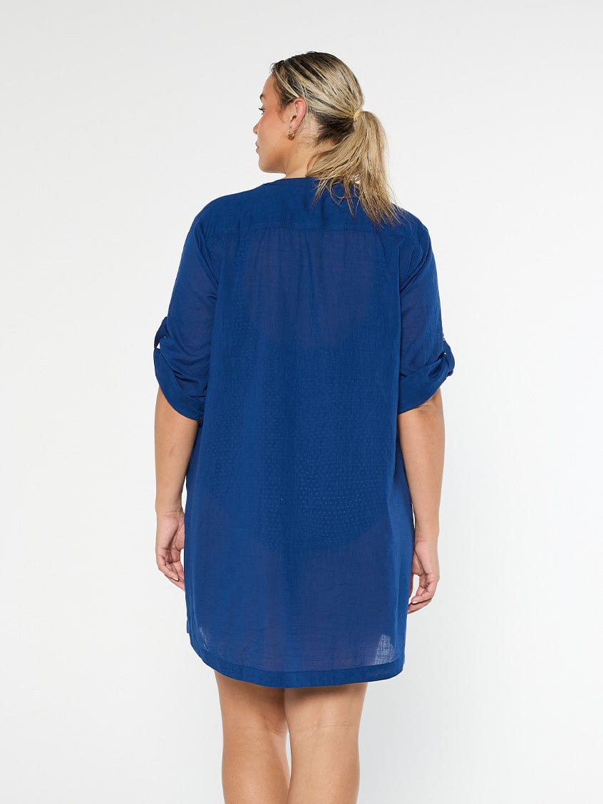 model showing back of navy beach cover up dress