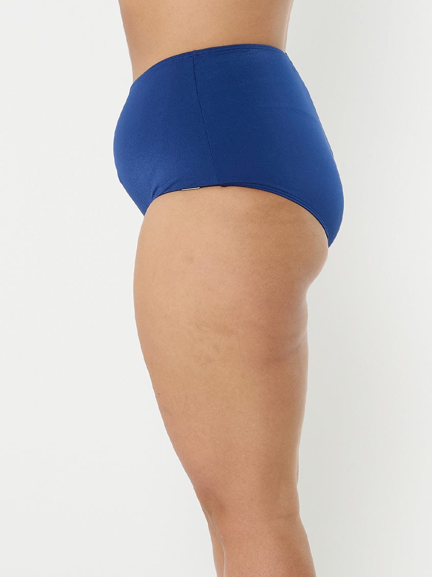 model showing side of navy high waisted swim pant