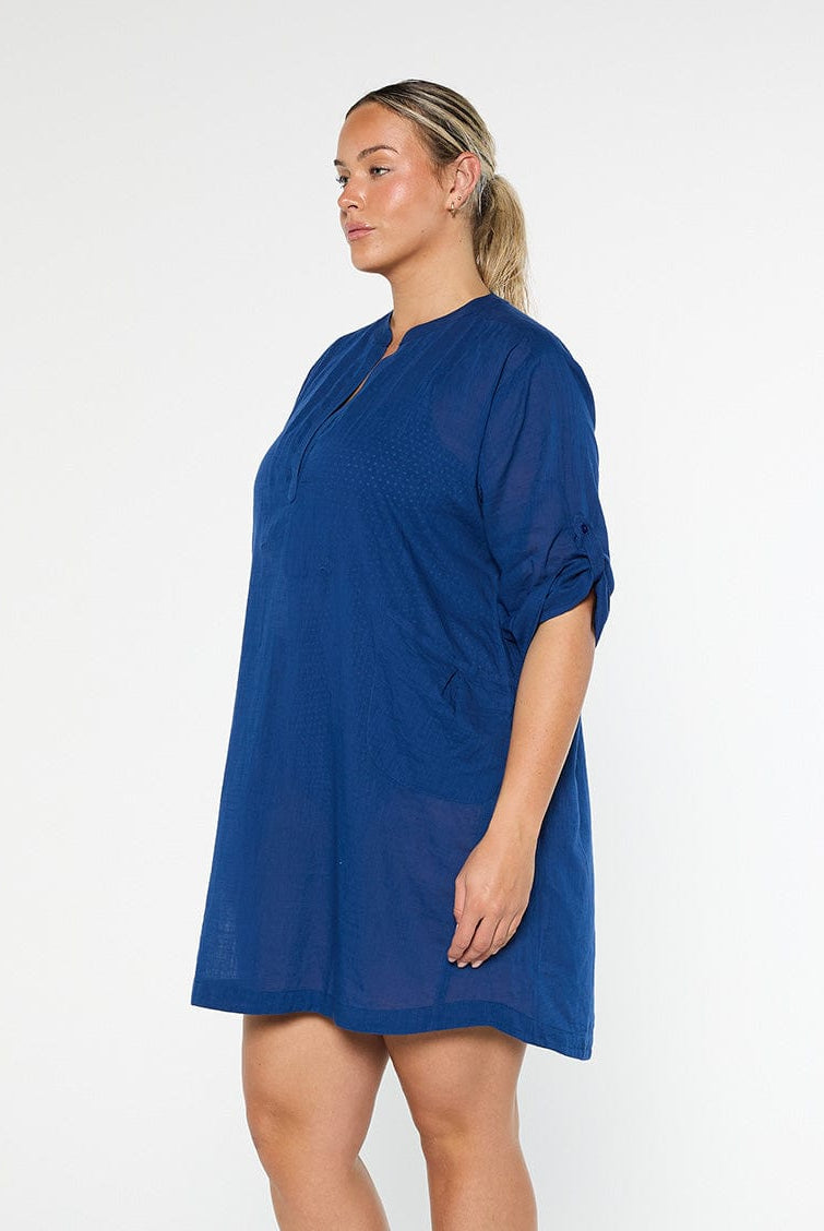 model showing side of navy cover up dress