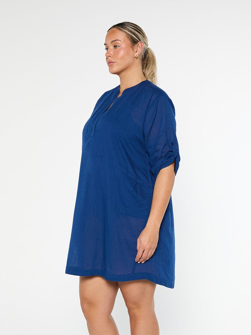 model showing side of navy cover up dress