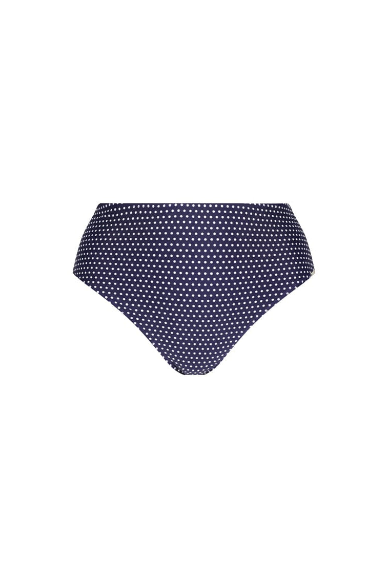 Navy blue bikini bottom with white polka dots on a white background
