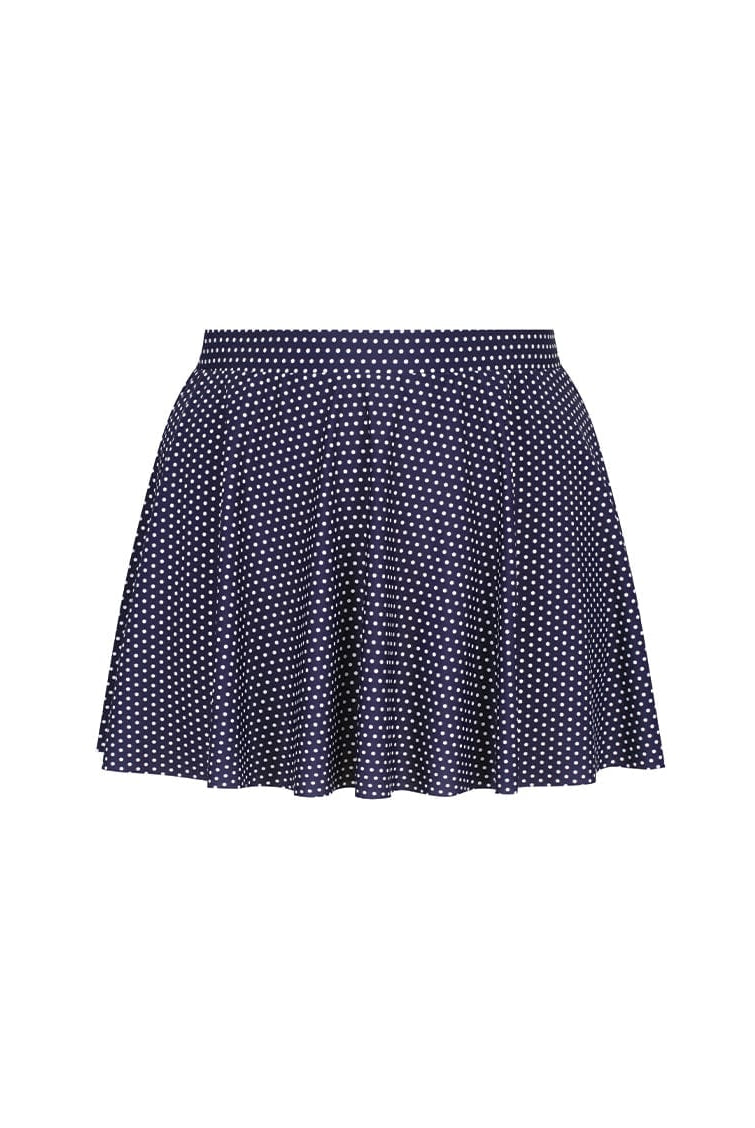 Navy blue polka dot skirt on a white background