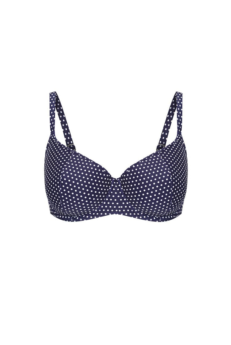 Navy blue bikini top with white polka dots