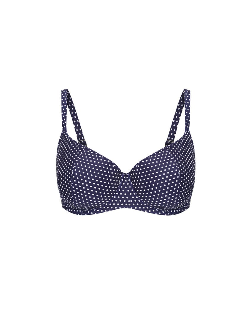 Navy blue bikini top with white polka dots