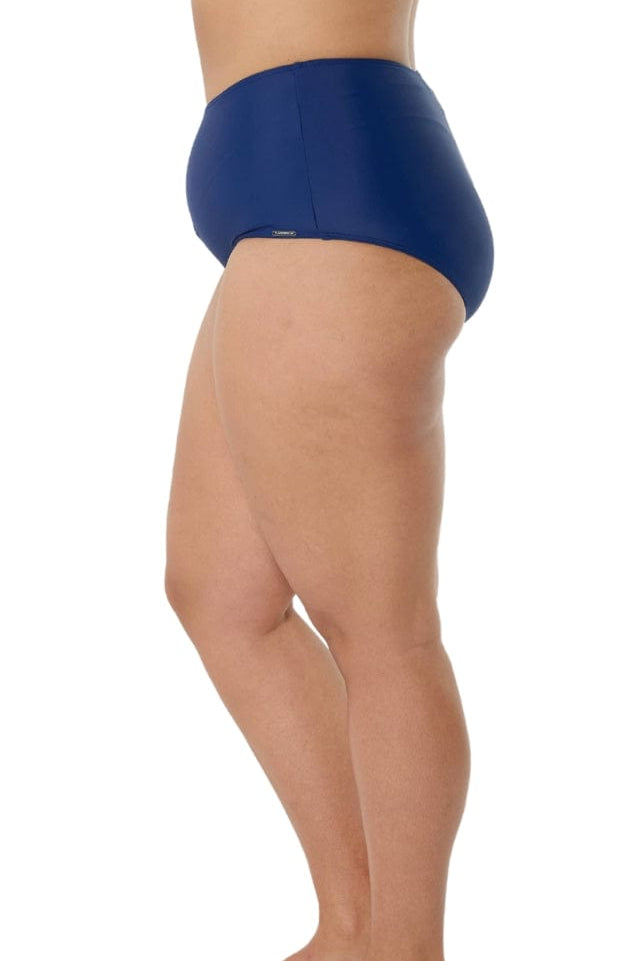 model showing side of navy high waisted swim bottom