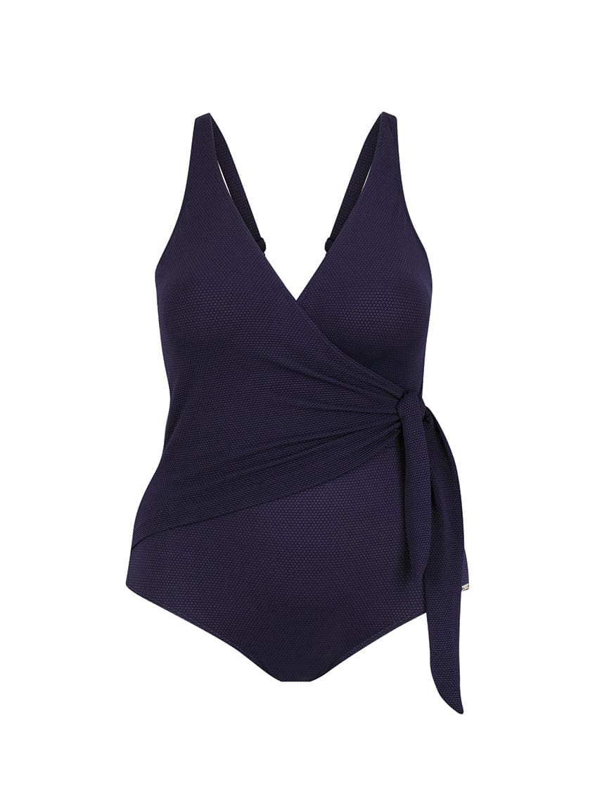 Navy blue swimsuit with a tie detail