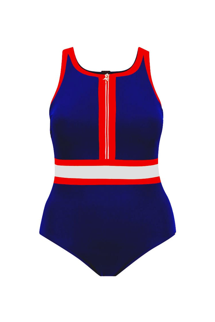 A one-piece swimsuit with a royal blue base, featuring red trim and a white horizontal stripe across the waist, with a white zipper running down the center chest.