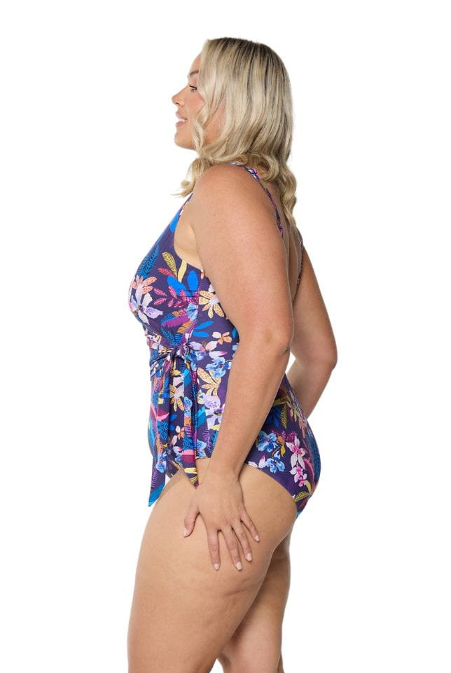 model showing side of navy floral waist tie one piece
