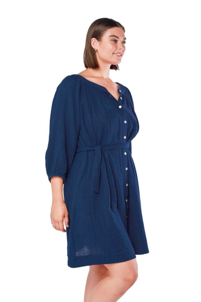 navy button through cheesecloth dress with waist tie
