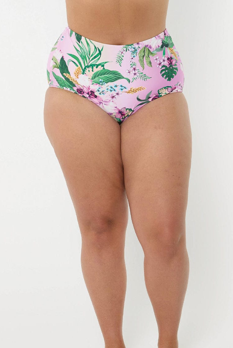 model wearing light pink floral swim bottom