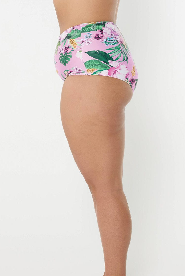model showing side of light pink floral bikini bottom