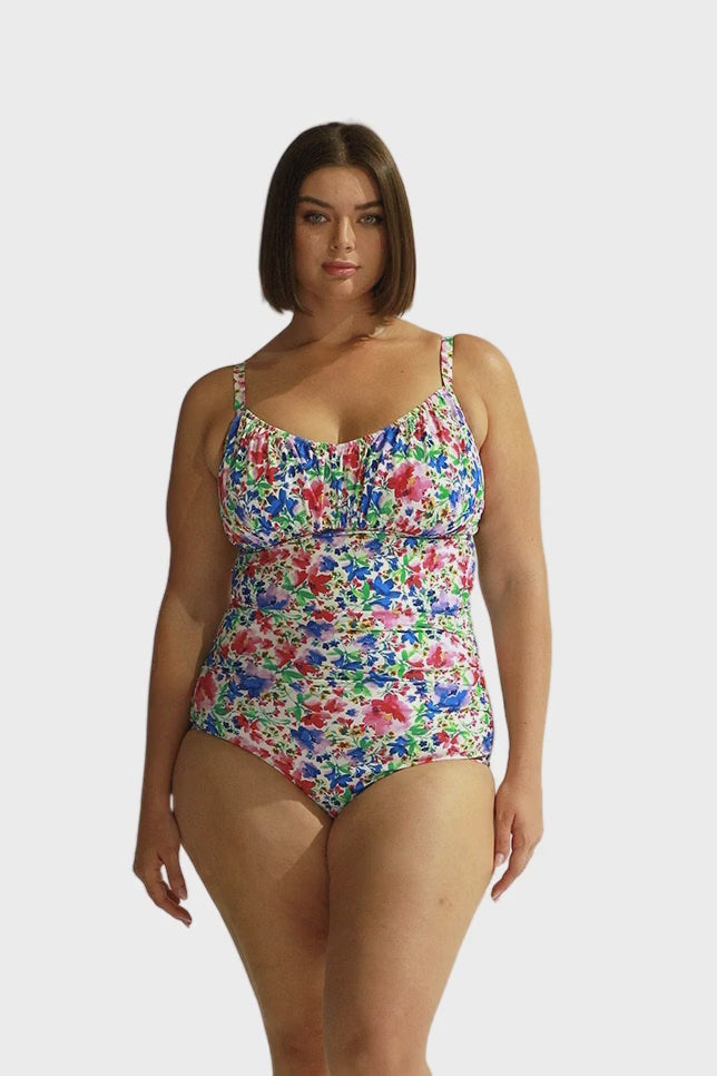 womens vibrant floral underwire ruched one piece