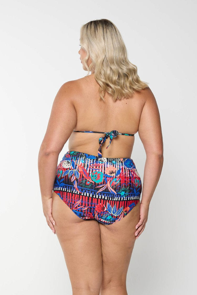 model showing tie back of bright colourful bikini top