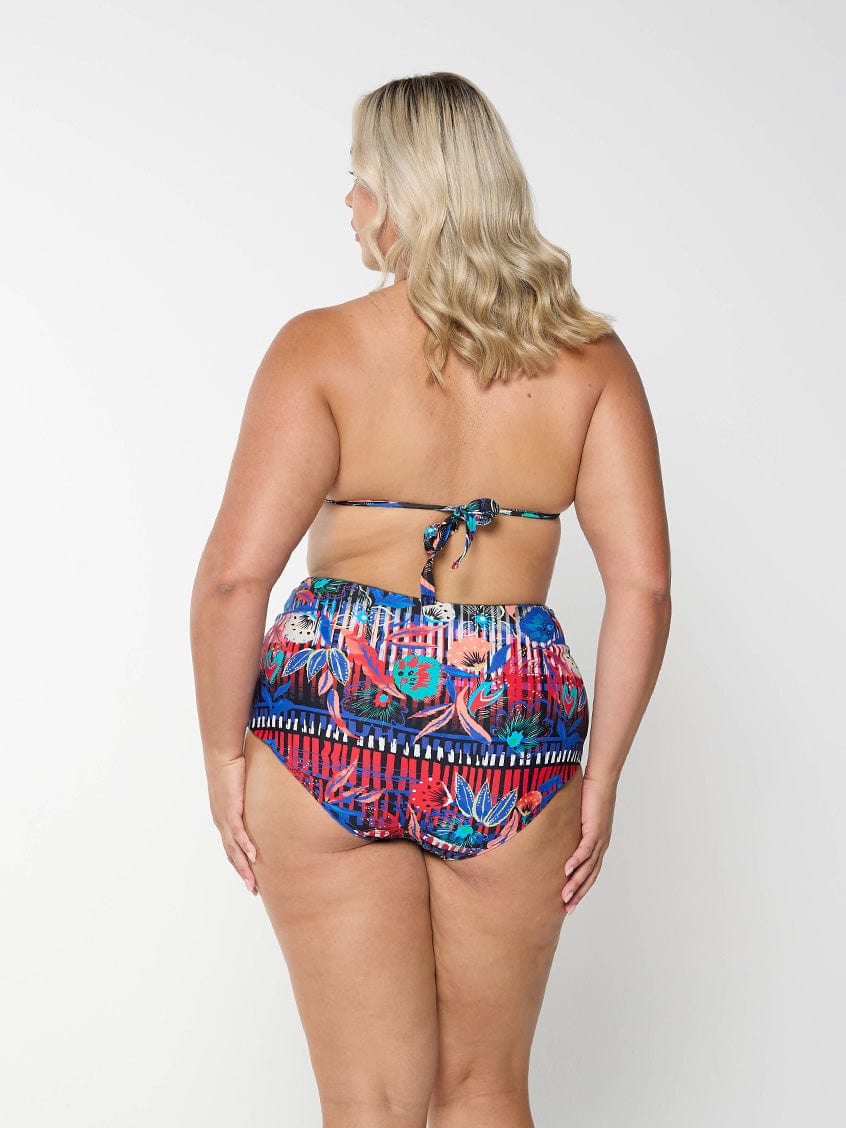 model showing tie back of bright colourful bikini top