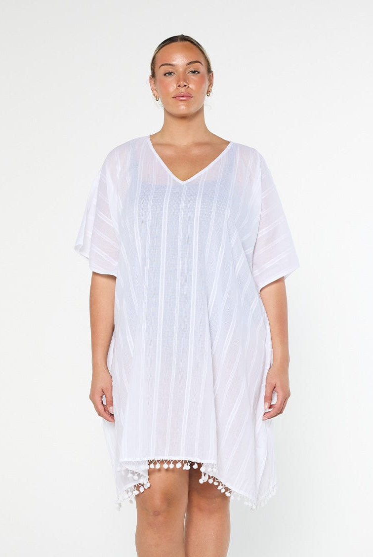 model wearing white cotton kaftan