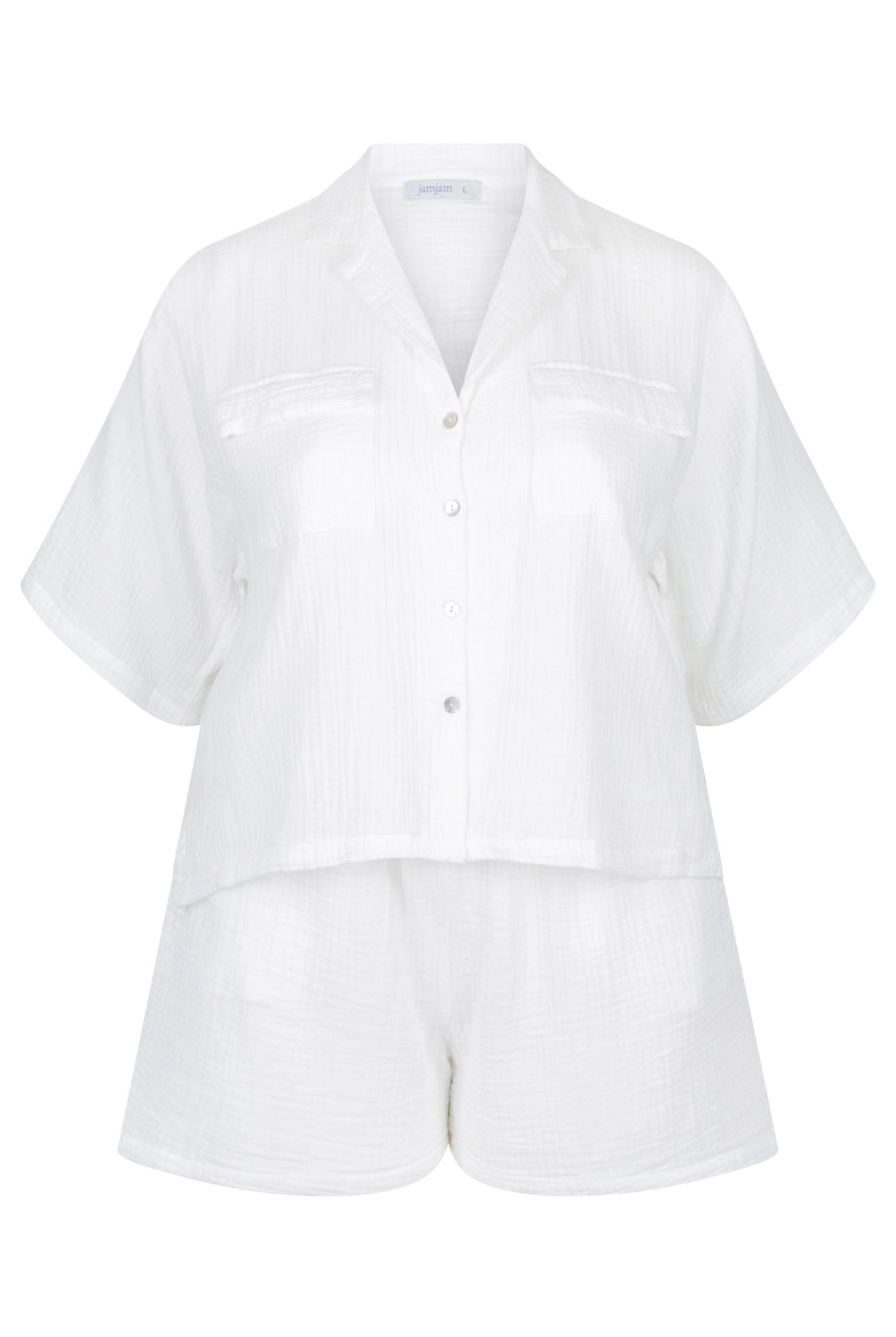 ghost mannequin of white short set, top with collar and button through and matching shorts