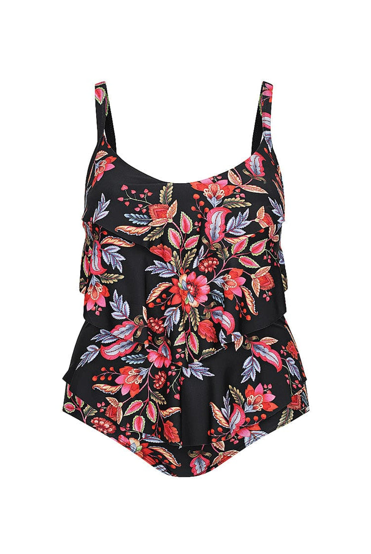 black and red floral tiered swimsuit