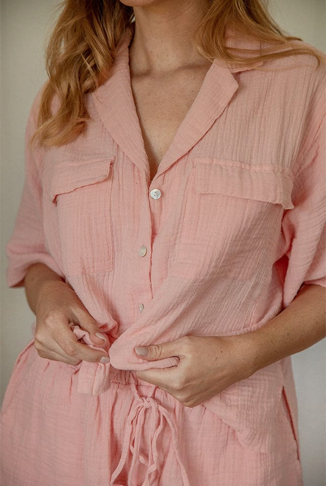 Close up of Model wearing Dusty Pink short Button Up Pyjamas