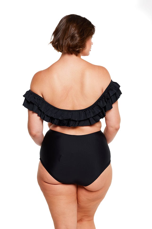 brunette women wears black high waisted bikini bottom for tummy control