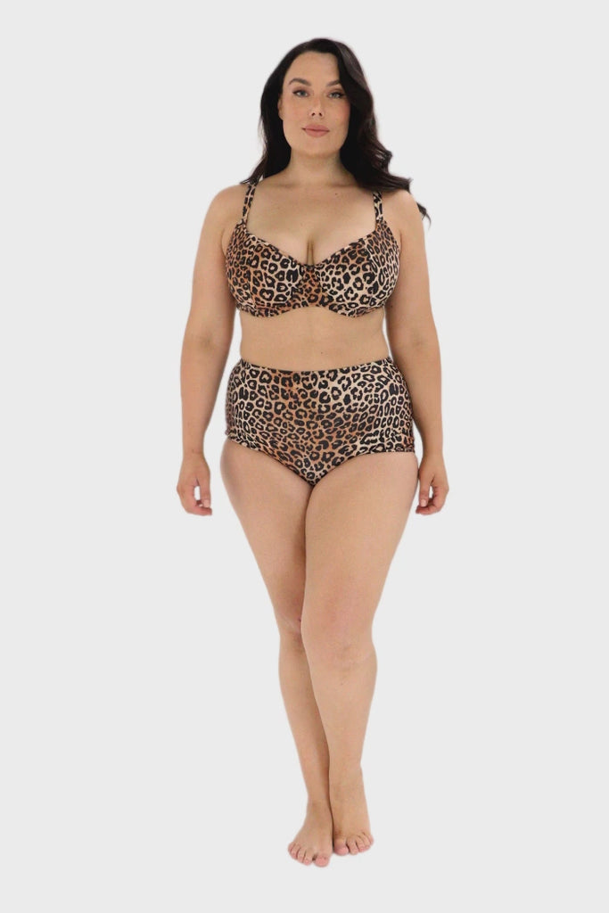 Model wearing a leopard underwire swimwear bikini