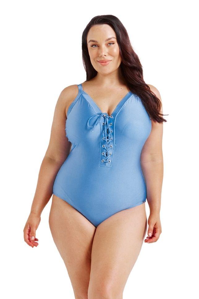 blue plus size lace up one piece