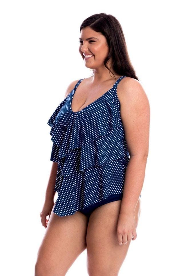 Chlorine Resistant Navy and White Dots 3 Tier Tankini Top