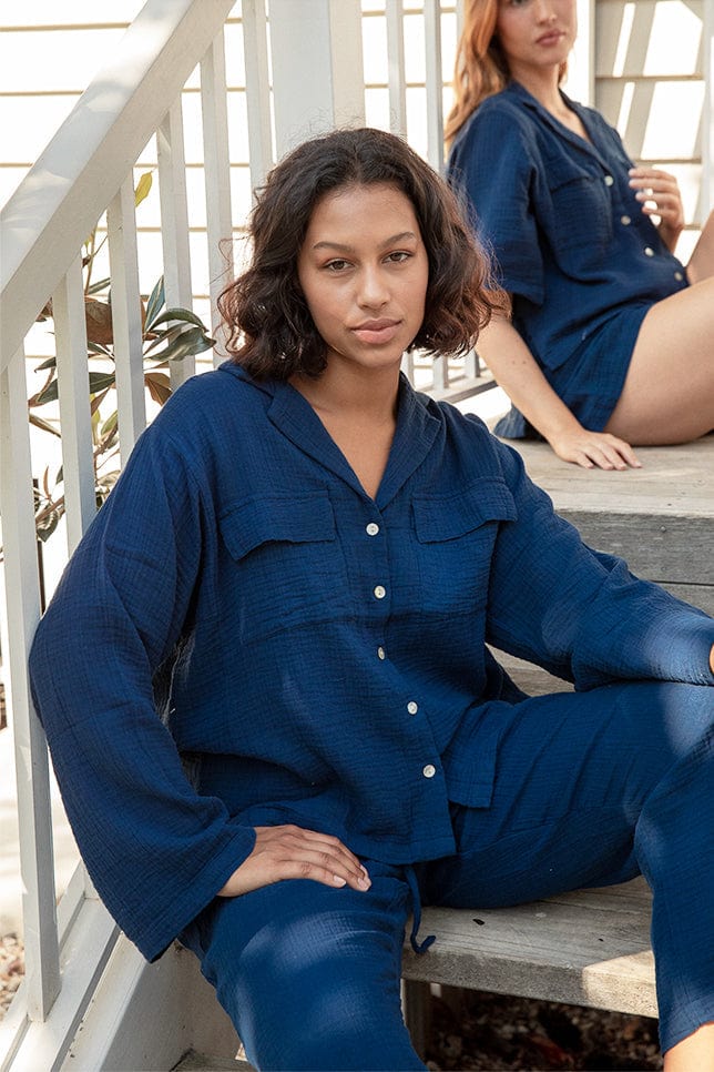 Model wearing Navy Blue Long Button Up Pyjamas