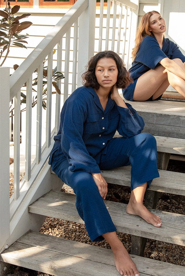 Model wearing Navy Blue Long Button Up Pyjamas