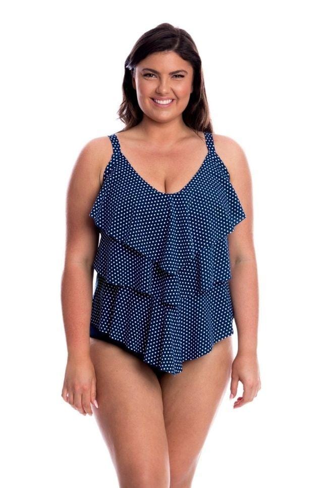 Chlorine Resistant Navy and White Dots 3 Tier Tankini Top