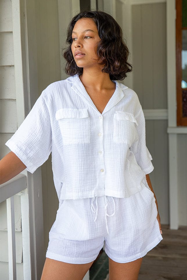 Model wearing White Cotton Button Up Pyjama Set