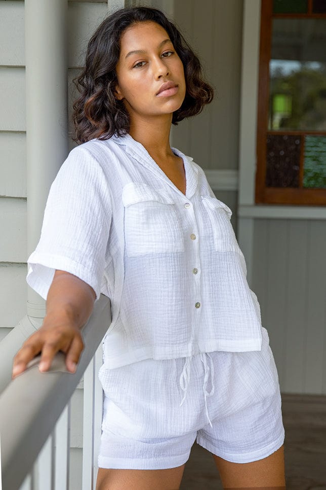 Model wearing White Cotton Button Up Pyjama Set