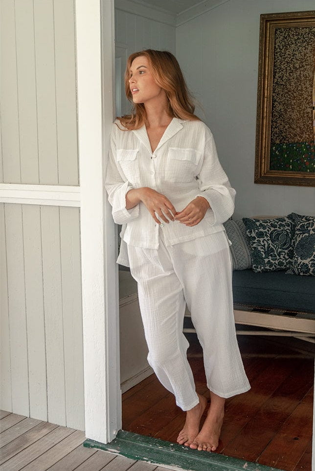 Model wearing White Long Cotton Pyjama Set