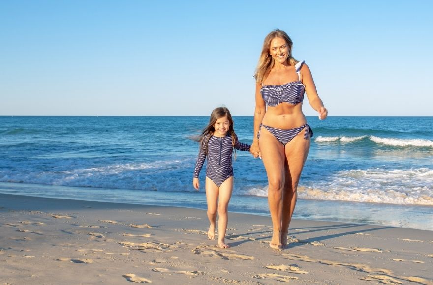 Navy and White Dots kids one piece and women's bikini 