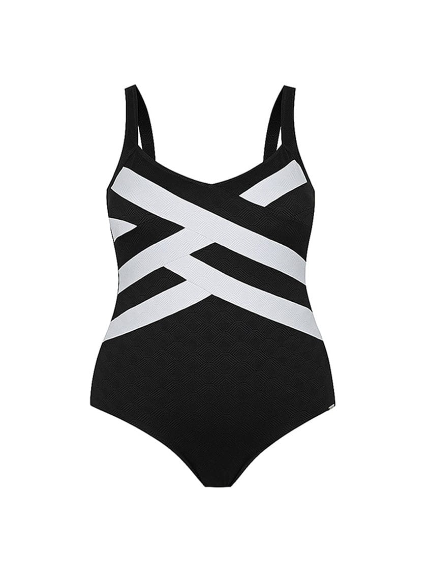 Ghost mannequin of flattering black and white one piece