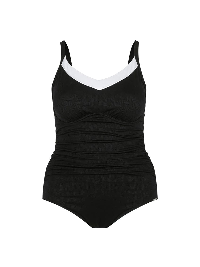 Ghost Mannequin wearing black and white swimsuit with underwire bra support