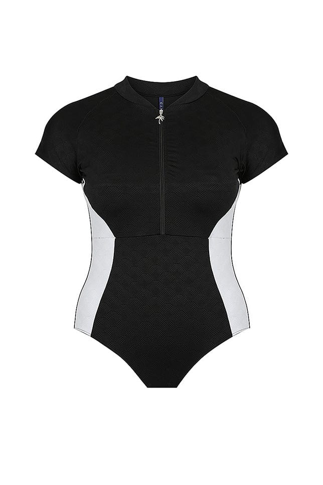ghost mannequin image of ladies swimming costume with sleeves