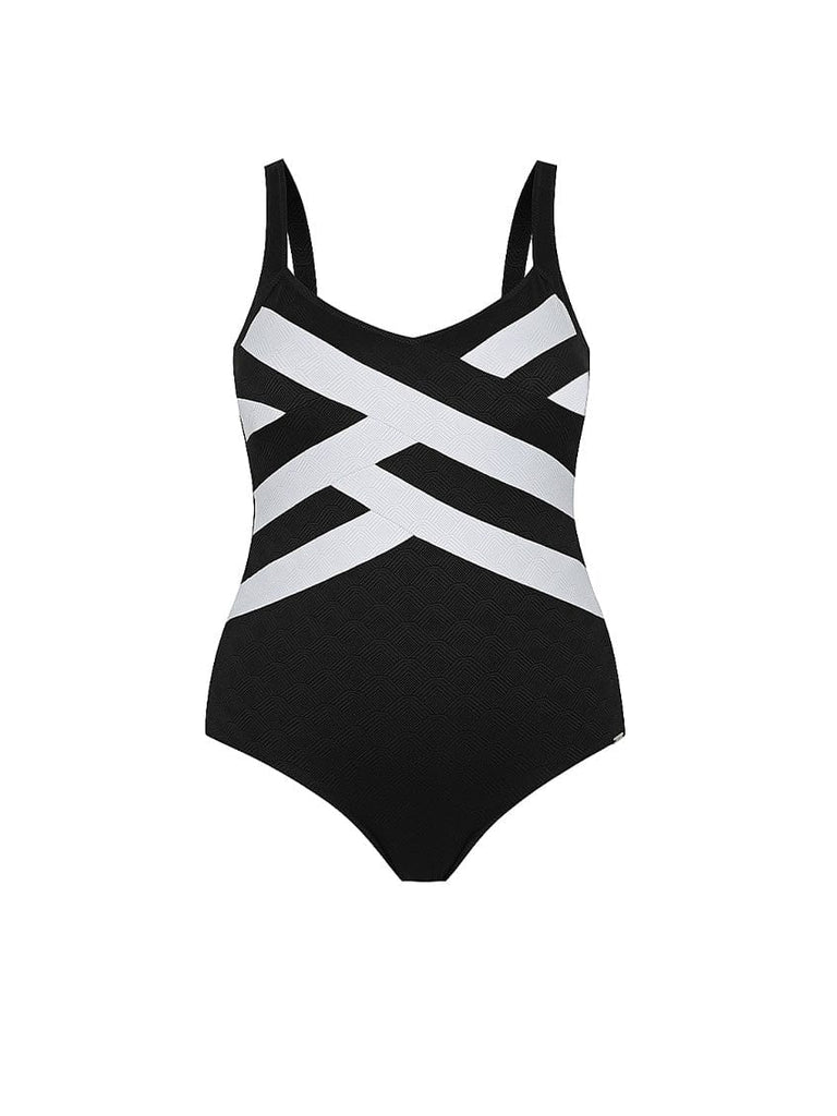 Ghost mannequin of flattering black and whiteo ne piece