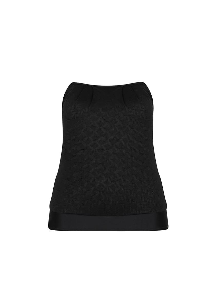 Ghost mannequin of strapless acapulco textured flouncy tankini top