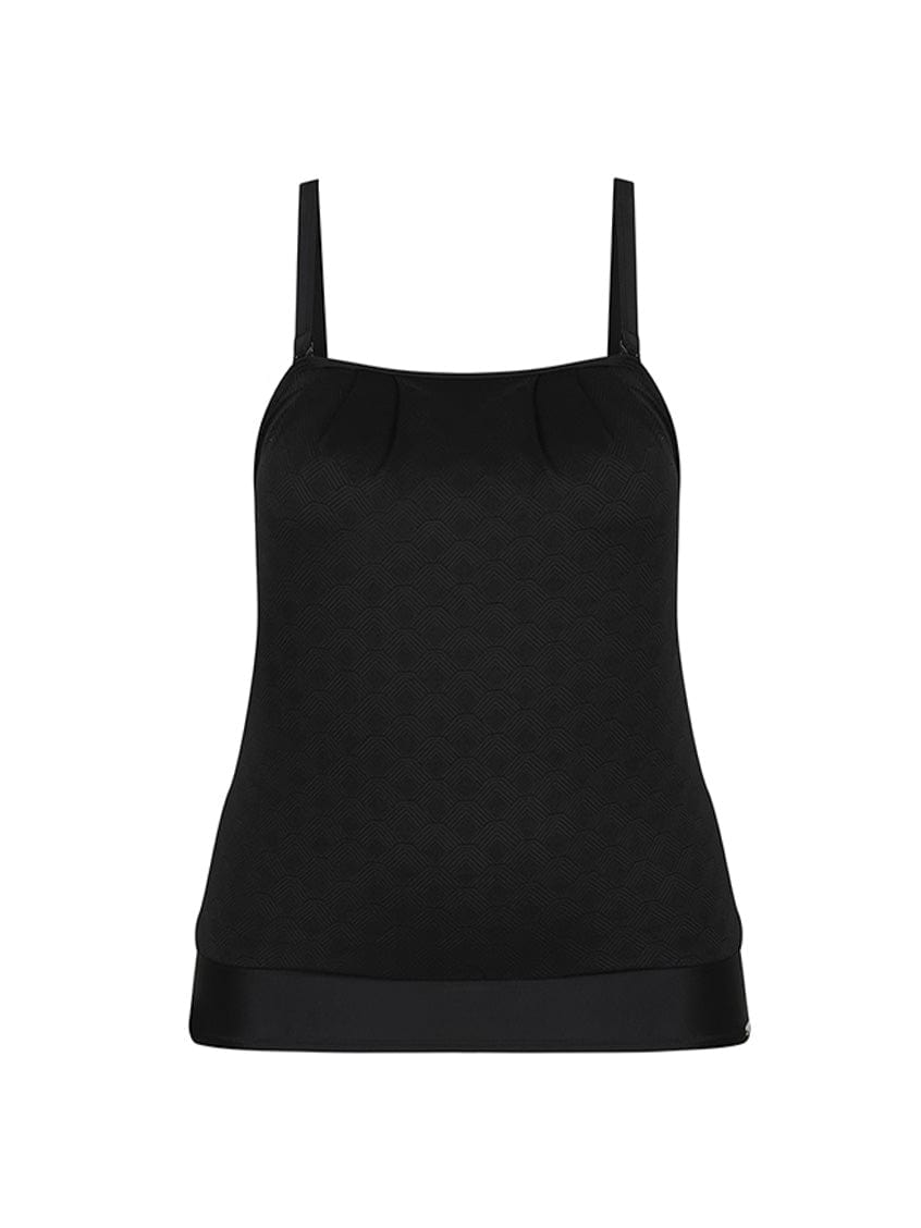 Ghost mannequin flouncy black bandeau tankini top with straps