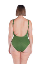 Model wearing olive green textured one piece swimsuit with square neckline